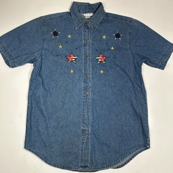 Vtg Mary Jane Denim Button Up Shirt Dark Wash Blue Embroidered Stars Flag Sz M - Picture 3 of 8